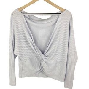 Sadie & Sage Deep Plunge‎ Front Twist Waffle Knit Blouse Top Gray Blue
